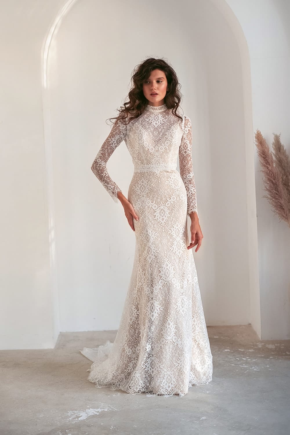 white christmas dresses Charming Vintage Lace High Neck See Through Sheath Wedding Dresses, AB –  AlineBridal main image 0