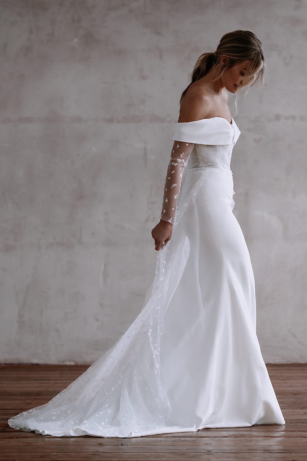 Bardot Long Sleeve Wedding Dress Ivory Coast Honoured Sequin Draped Bardot  Long Sleeve Maxi Wedding